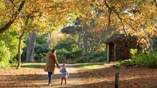 Mother and son on an autumn walk at Sheringham Park, Norfolk